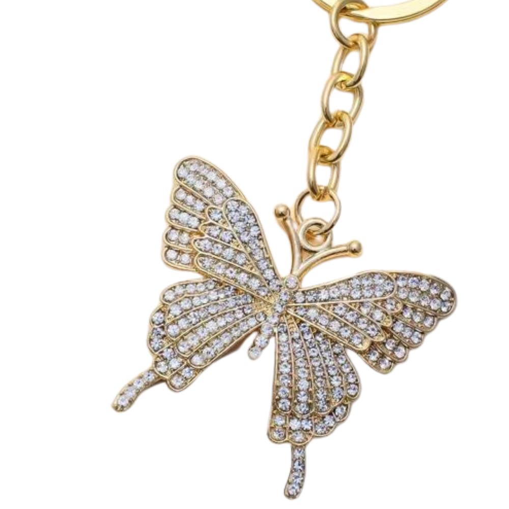 Rhinestone Butterfly Keychain Keyring  Gold Link Butterfly Charm Pendant Keys